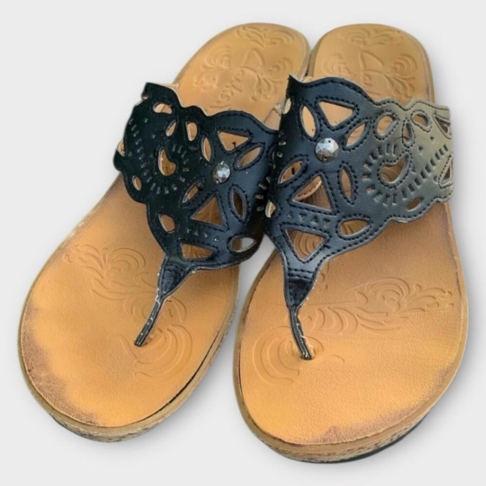 Women’s Clark’s Black Cutout Wedge Sandals – Cork Heel Thong Flip Flop Style